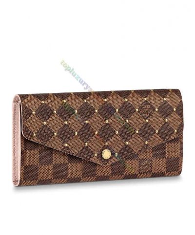  Louis Vuitton Damier Sarah Triangle Flap Yellow Gold Plated Studs Triangle Flap Chic Design Brown Canvas Long Wallet For Ladies