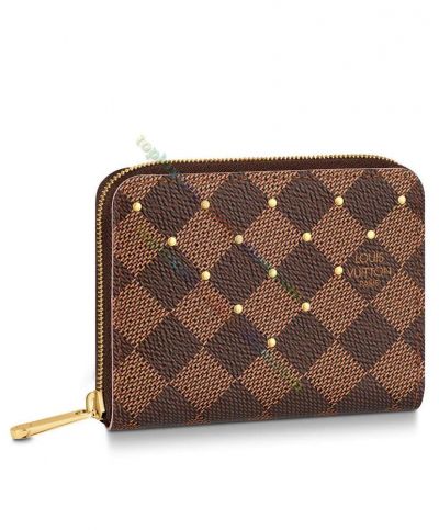 Louis Vuitton Damier Style Yellow Gold Plated Studs Decoration 2022 Popular Brown Canvas Zippy Coin Purse For Girls