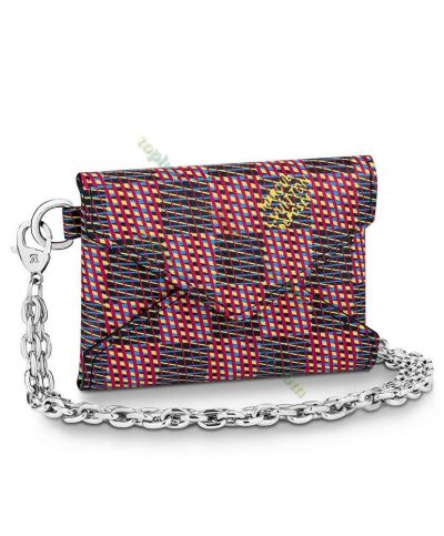  Louis Vuitton Kirigami Necklace Red Canvas Damier Pattern Envelope Flap Women's Chain Wallet 