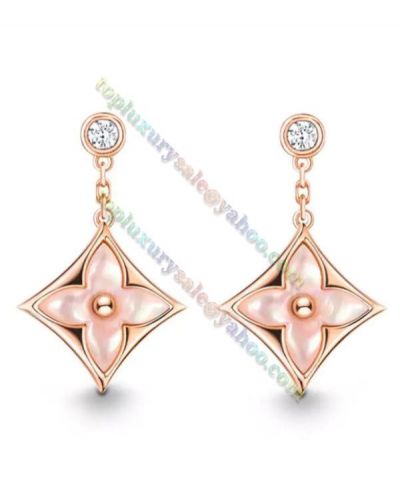  Louis Vuitton Women's Color Blossom BB Star Middle Inlay Pink Pearl Top Diamond Setting Pink Gold Monogram Flower Shape Ear Stud Q96667