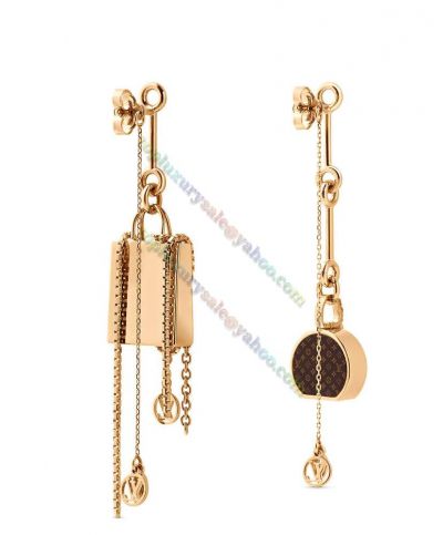 Louis Vuitton Mini One Small Boite Chapeau Another Miniature Mark Padlock Gold Long Chain Women's Mismatched Drop Earring