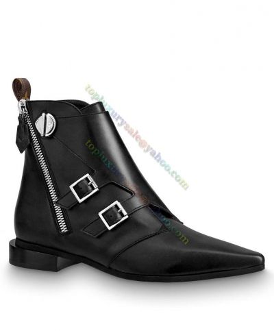  Louis Vuitton Jumble Calfskin Side Zipper Silver Buckle LV Details Black Flat Ankle Cusp Boots For Ladies Online 1A57AP