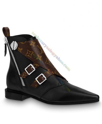Top Louis Vuitton Jumble Black Calfskin Brown Monogram canvas side zip LV engraved closure Flat Ankle Boot For Women