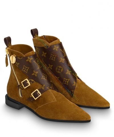 Louis Vuitton Ladies' Jumble Ankle Boot Calfskin Suede Brown Monogram Canvas Pointed Design Side Zip Brown Shoes 1A5ML0