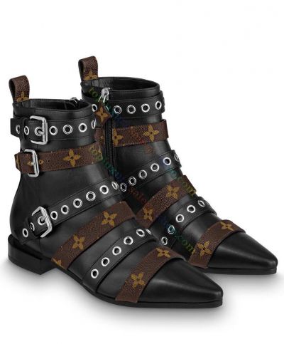  Louis Vuitton Jumble Flat Ankle Boot Calf Leather Monogram Canvas Buckles Pointed Side Zipper Shoes For Women