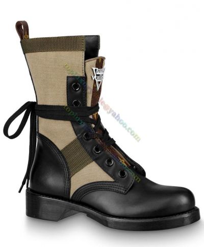  LV Metropolis Flat Ranger Shoes Calfskin Leather Khaki Canvas Lace Up Martin Boots For Women Fall/Winter 