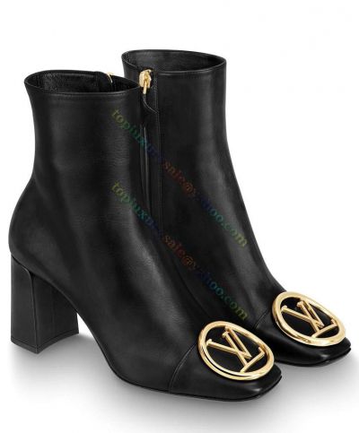  Louis Vuitton Women's Madeleine Calfskin Square Toe Block Heel Oversized Gold Metal LV Circle Black Ankle Boot 1A5BPA