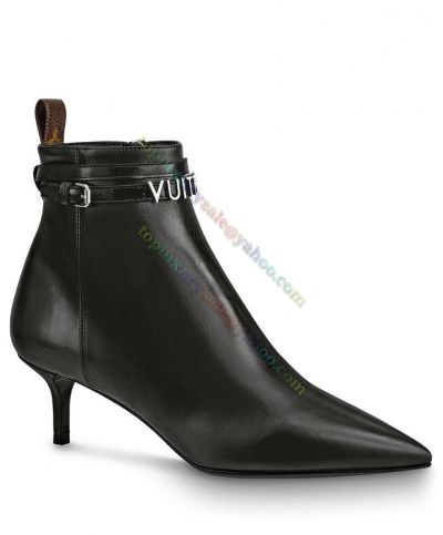 Louis Vuitton Call Back Calfskin Pointed Toe Cat Heel Ankle Strap Around Silver Vuitton Logo Black Boots  1A5LB7