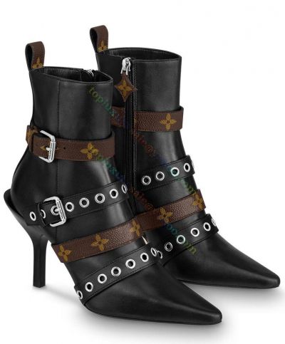  Louis Vuitton Janet Calfskin Pointed Toe Shifted Back Stiletto Heel Canvas Leather Shoulder Strap Black Ankle Boot 