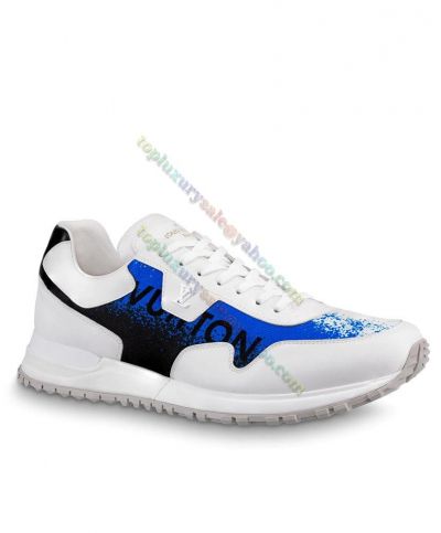  Louis Vuitton Run Away Lace-Up Blue & Black Textile Printing Design White Calf  Leather Big Vuitton Mark Male Breathable Mesh Trainer