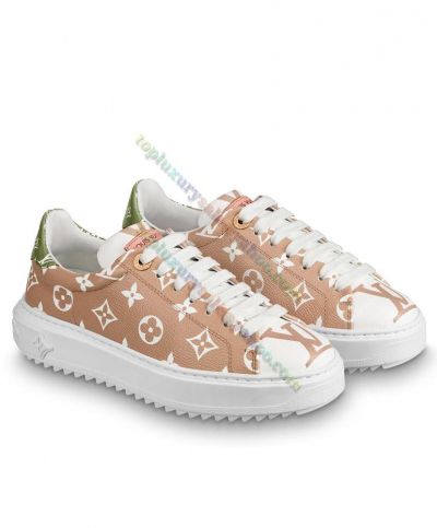 Louis Vuitton Women's Time Out Sneaker Monogram Brown Patent Canvas Green Tail Thick Sole  Womens Sneaker Best Quality