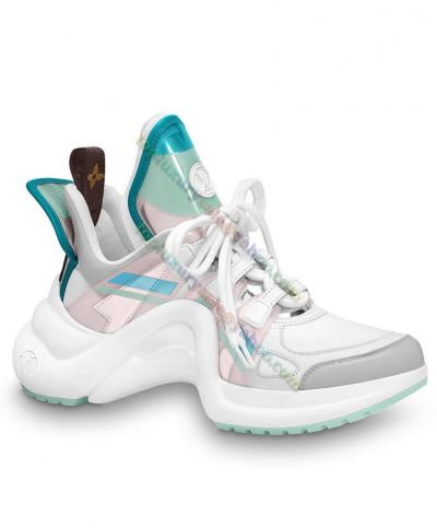 Counterfeit Louis Vuitton Ladies Archlight White Breathable Mesh Bottle Green Big Leather Tongue Turbo Outsole Trainer Pink