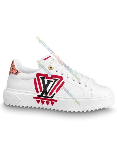  Louis Vuitton Women's Crafty Time Out Calf Leather Monogram Canvas Trim Eye-Catching LV Initials Side White Sneaker