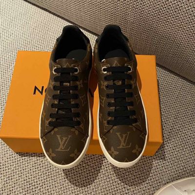 Women's  Louis Vuitton Patent Coffee Monogram Frontrow Leather Black Lining & Laces Rubber Sole Round Toe Sneakers