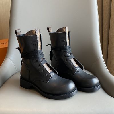 Women's Brown Monogram Tongue Black Leather Lace-up -  Louis Vuitton Metropolis Flat Ranger Combat Ankle Boots